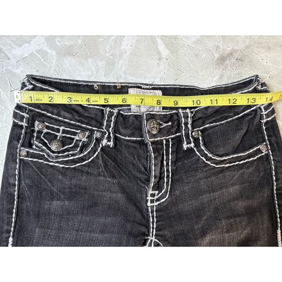 LA IDOL EMBELLISHED BLACK SKINNY JEANS SZ 5 Thick White Stitch Low Rise‎ - Picture 9 of 11